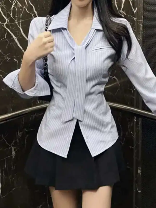 Autumn/Winter Korean Version New Lapel Lace Up Single Breasted Long Sleeve Cinching Waist Slim Casual Striped Shirt 4OR5