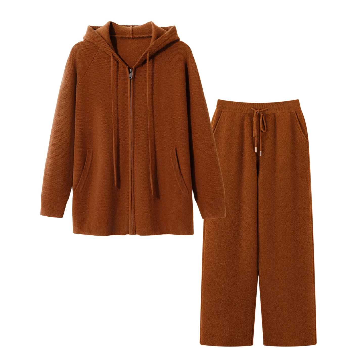 High quality 100% cashmere men's suit hooded collar zipper cardigan jacket knitted straight leg pants pocket two-piece set thick