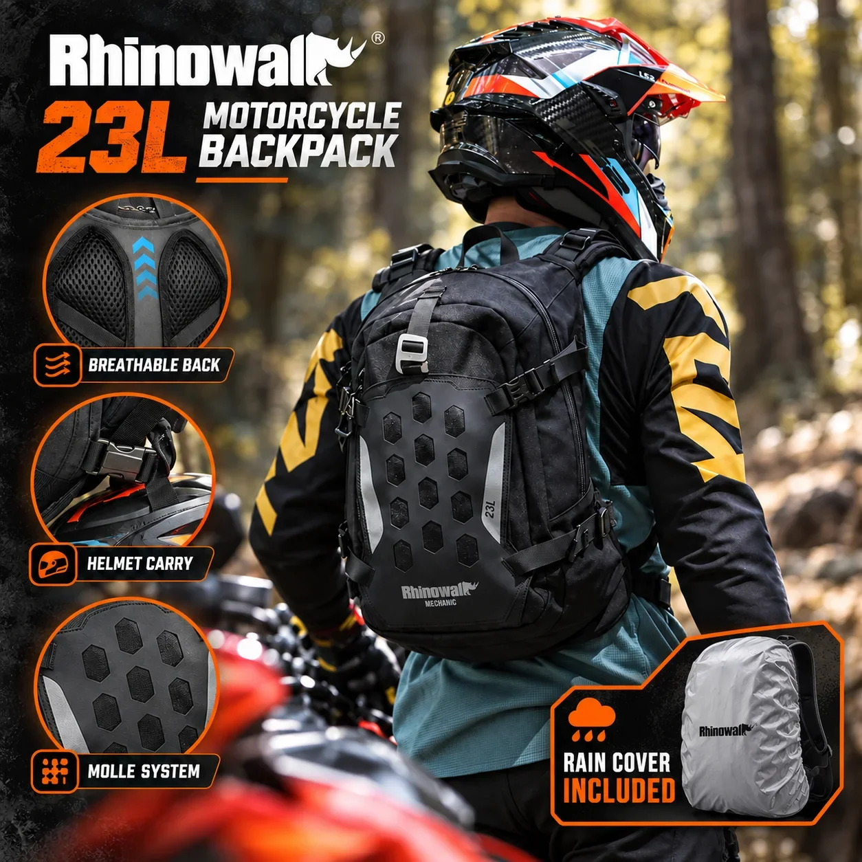 Rhinowalk Motorcycle Backpack 23L MOLLE Helmet Carry Riding Bag Rain Cover Reflective Logo Motocross Motorbike Storage Luggage