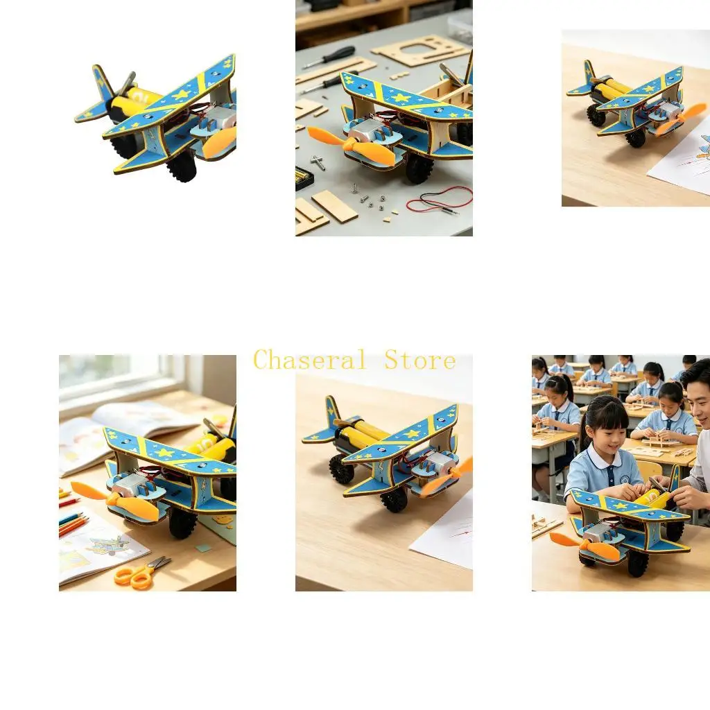 E7CE DIY Electric Plane Science Craft Set with Powered Front Rotor, Wooden Slot-Fit Build and Moving STEM Model for School