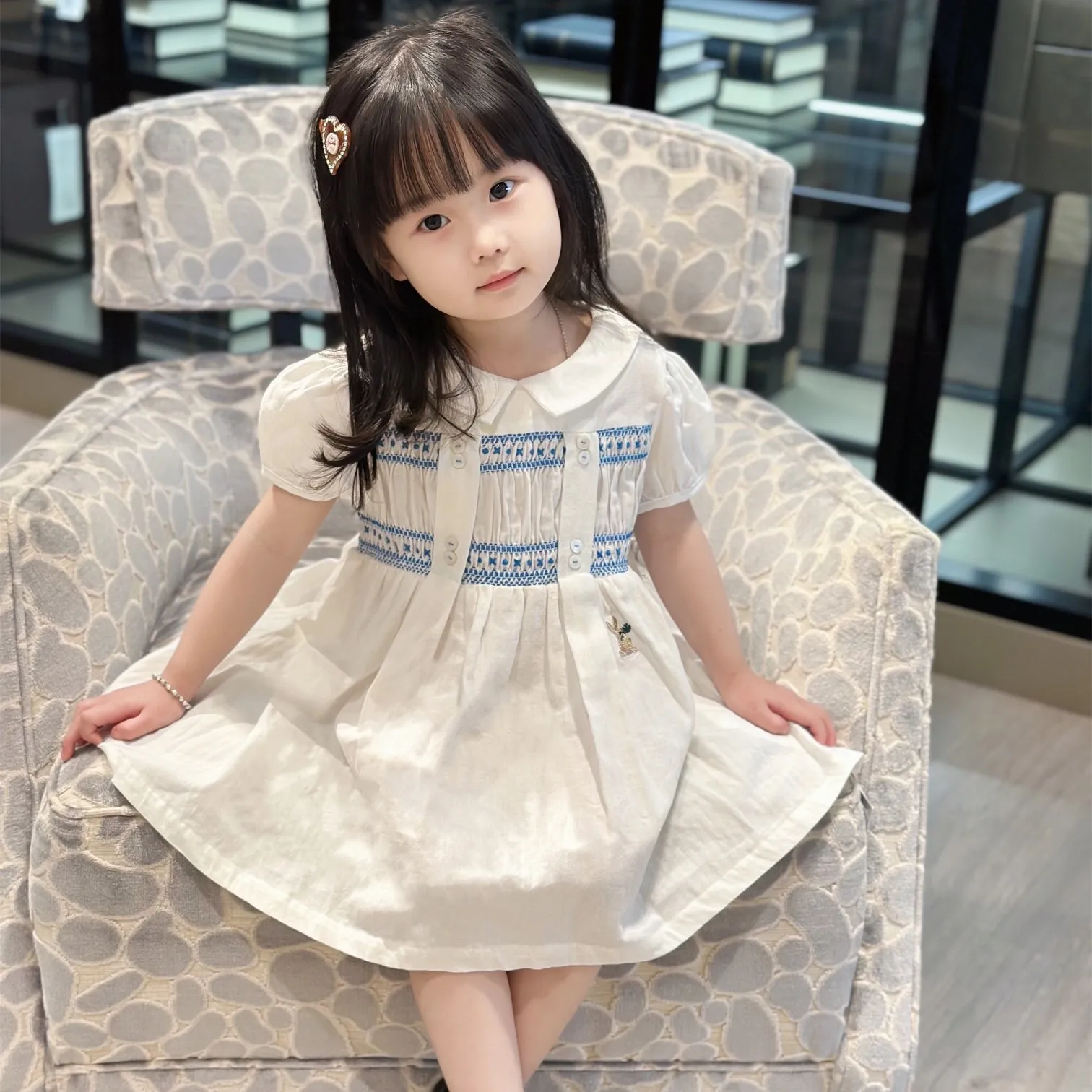 baby girls clothes Girl dress short-sleeved dress handmade blue embroidered high-quality sweet dress