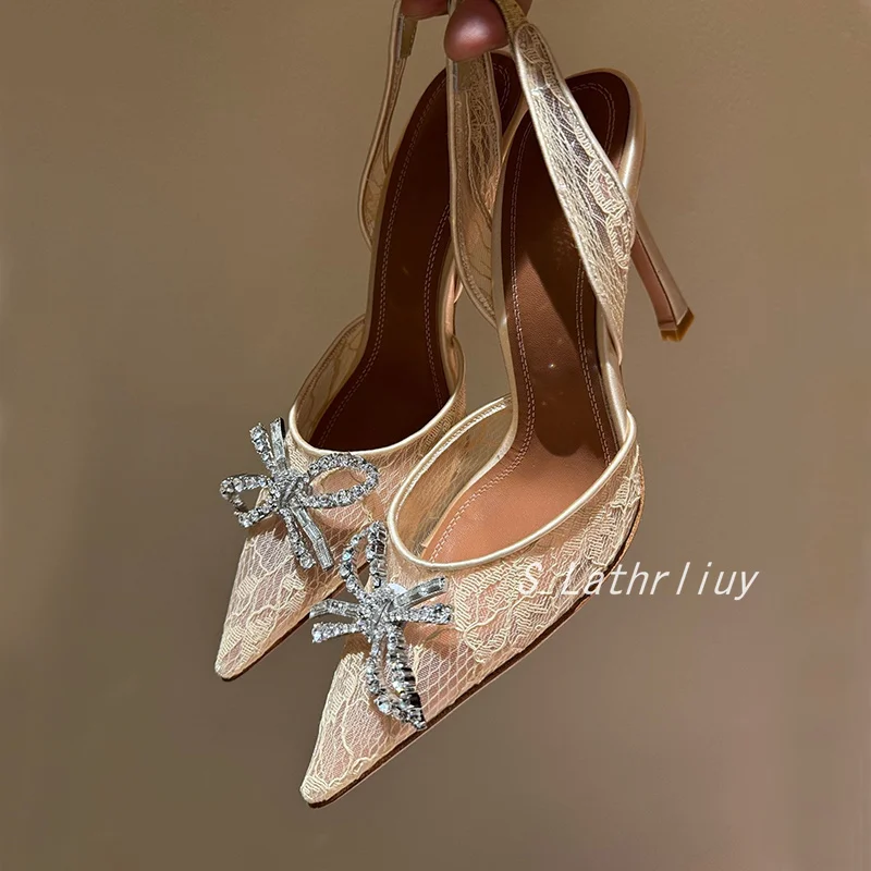 Sandals Rhinestone Flower Pointed Toe High Heels Women Lace Thin Heels Back Strap Sandalias Summer Fashion Party Dress Pumps view 4