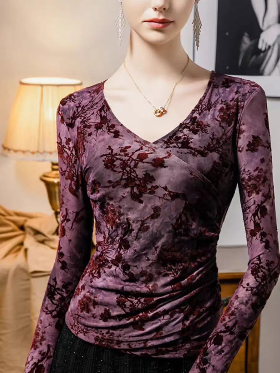 

Spring Autumn Long-sleeved T-shirts Flocking Flowers Mesh Tees Female Slim Thin Irregular Top Cross V Neck Tshirt for Girls