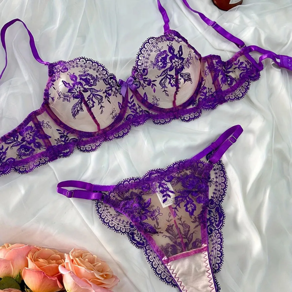 Oferta: Sujetador Bordado con Malla Transparente, Ropa Interior Sexy, Push-Up, Talla Grande, Reductor, Copas Finas, Lencería Seductora, Set