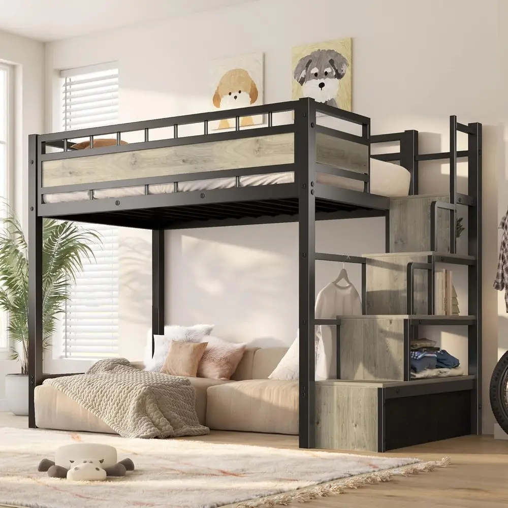 

Sturdy Metal Twin Bed with Storage Stairs and Large Under-Bed Area, Ideal for Teens or Dorms, No Box Spring Needed, Black