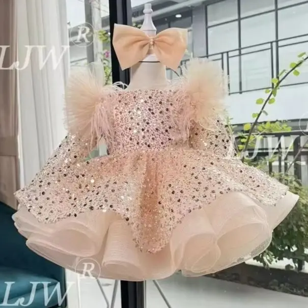 

0-12 years old baby dress Christmas birthday first year party long sleeve sequin fluffy girl princess dress