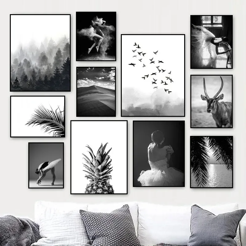 Canvas Painting Desert Waterbuck Art Poster Black White Tree Leafs Forest Nature Wall Art Posters And Prints Wall Pictures