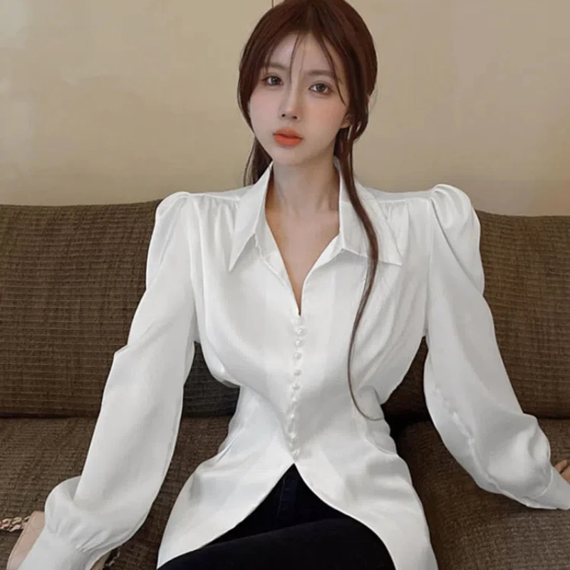 Fashion Bow Satin Shirt Spring Autumn Korean Temperament Tunic Puff Sleeve Button-down Shirts Solid Elegant Female Blouses Top