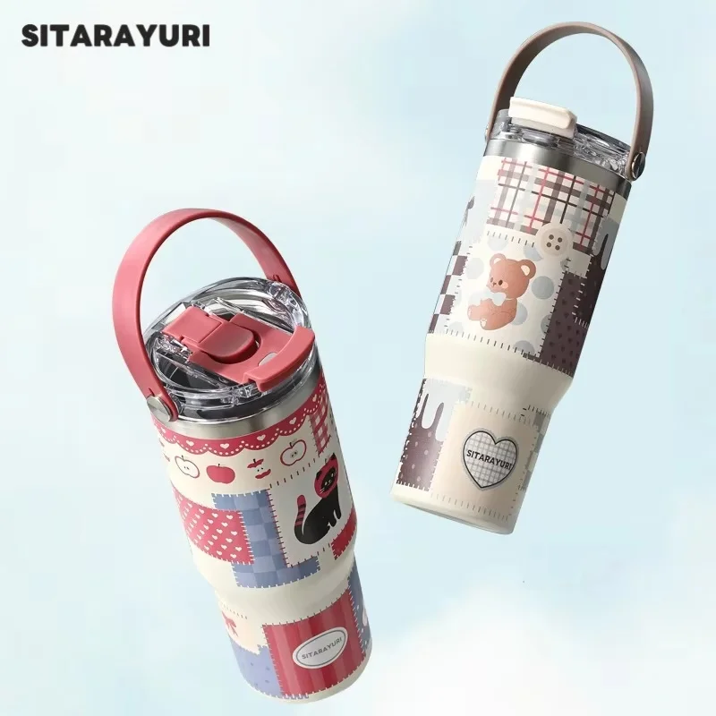 SITARAYURI Handheld Insulated Cups 600/900ML Animal Theme Straw Vacuum Flasks Stainless Steel Cartoon Travel/Sports Mug for Kids