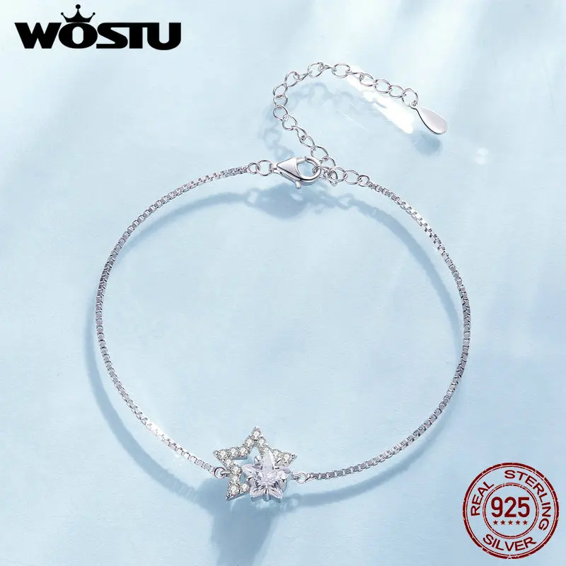 WOSTU-Pulseras de cadena de circonia cúbica para mujer, de Plata de Ley 925, Doble Estrella, Bling, brillante, eslabones de muñeca, joyería de fiesta de boda