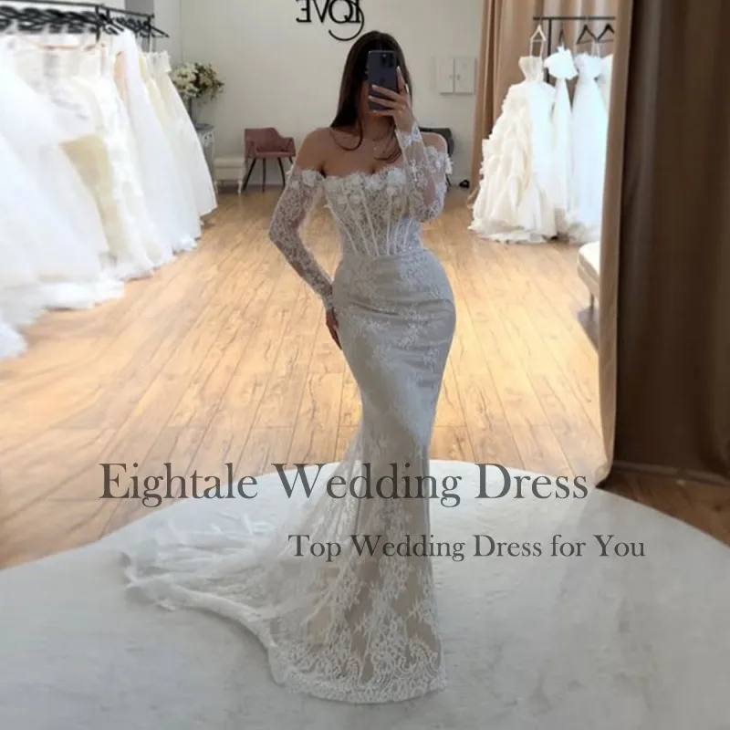 Eightale Boho Wedding Dress Customized Lace 3D Flowers Strapless Long Sleeves White Ivory Mermaid Bridal Gown Vestido De Noiva