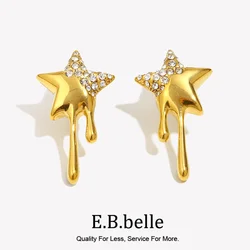 E.B.belle Rhinestone Star Tassel Stud Earring Gold/Silver Color Stainless Steel Decoration 18K Gold Plated For Lady Waterproof