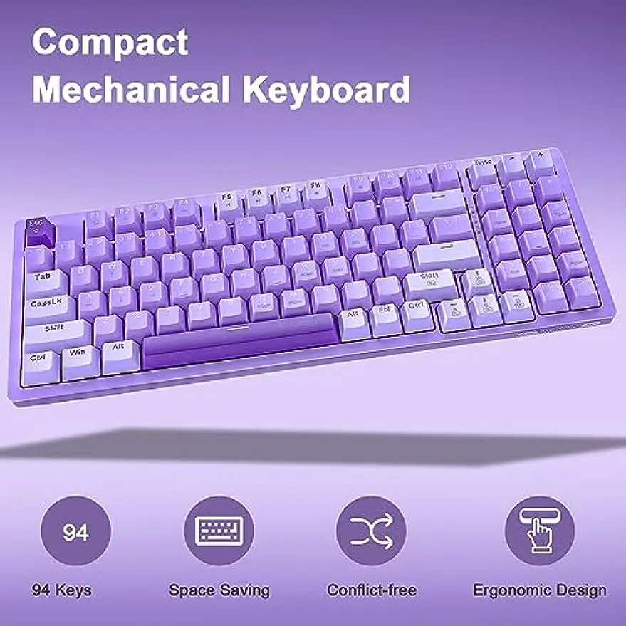 Mechanical Gaming Keyboard USB Wired Compact Number Purple Led Red Switch Detachable Type C Cable 94 Keys for PC/Computer/Laptop