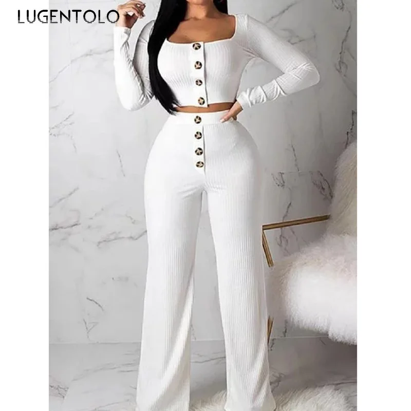 

Women Fashion 2 Piece Set Ribbing Pit Strip Long Sleeve Buttoned Cardigan Top High Waist Straight Pants Street Party Casual Wear