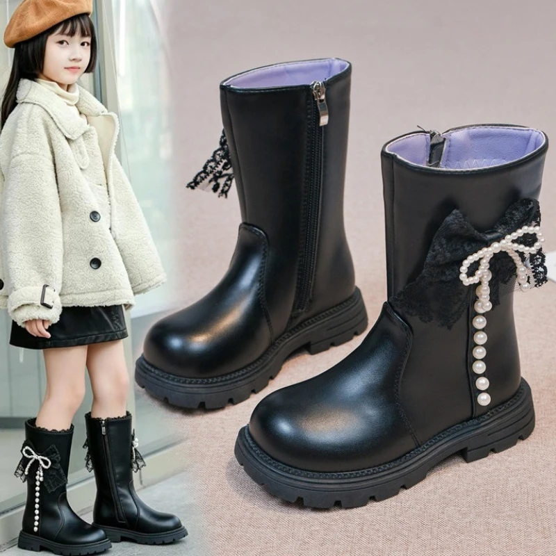 Girls Boots 2026 Autumn/Winter New Children's Soft Soled Shoe Fashion Bow Girls' Princess Tall Boots Ground Snow Women's Boots