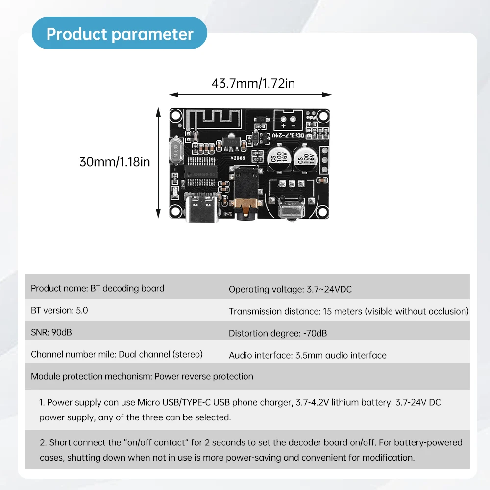 3.7-24V Bluetooth Audio Receiver Board Bluetooth 5.0 mp3 Lossless Decoder Board Wireless Stereo Music Module with Remote Control