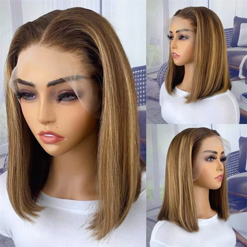 

Highlight Brown Straight Short Bob Wigs 13x4 Lace Frontal Wig For Woman Glueless Pre Plucked Qearl