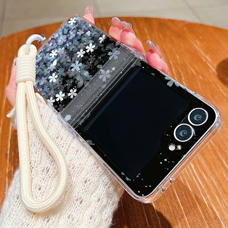 Kirschblüten-Lanyard-Handyhülle für Samsung Galaxy Z Flip 8 7 FE 6 5 4 3 5G Faltbare Hartschalen-Klarhülle für Samsung Z Flip7 Flip6