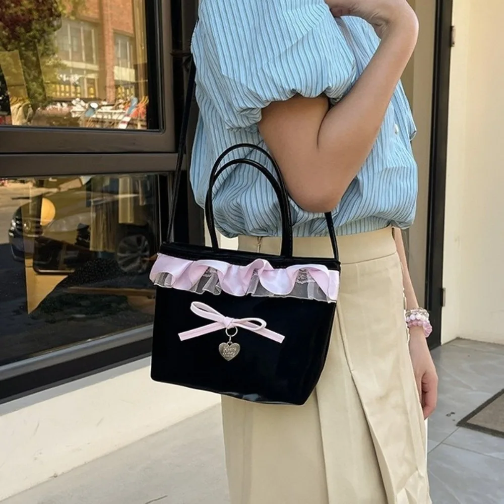 

Rural Style Lace Lattice Handbag Plaid Denim Bow Handbag Square Korean Style Sweet Crossbody Bag Women