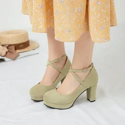 Yong Girls Student School Party High Heels Pumps Platform Cross Strappy Flock Children's Shoes 2023 Spring Autumn Pink