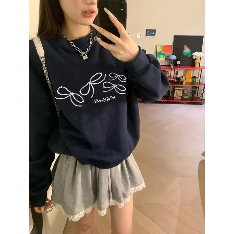 

Autumn American Sports Retro Printed Bow Hoodie Women Tops Lazy Style Loose Casual O-Neck Sweatshirt Pullovers Women Clothes