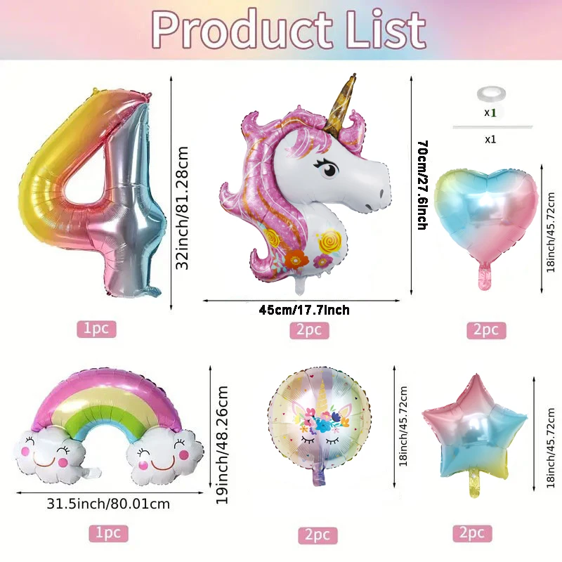 10pcs Unicorn Foil Balloons Set Digit 1-9 Macaron Rainbow Cloud Balloons Baby Shower Wedding Girls Birthday Party Decorations