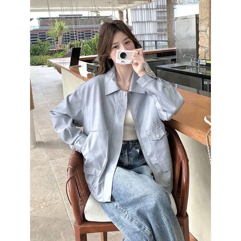 

Сплошной цвет, кардиган на молнии с карманами для женщин, осенне-зимняя повседневная простая мотоциклетная куртка из искусственной кожи с лацканами