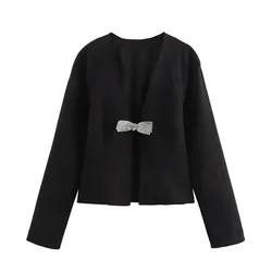 Women Jewelry Bow Embellished Slim Fit Shirt for Women Summer Loose Casual Streetwear Office Lady Style V-Neck Shirt