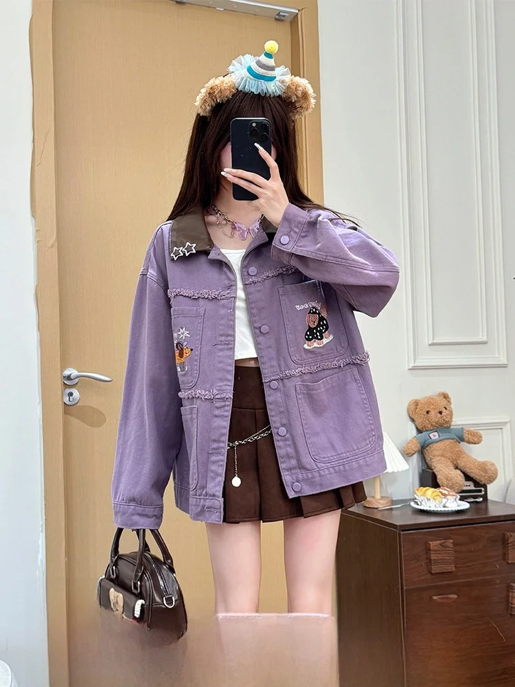 

Свободный женский фиолетовый джинсовый комплект из тюэта, повседневный воротник с несколькими карманами, осенняя модная верхняя одежда, прямые джинсы с высокой талией