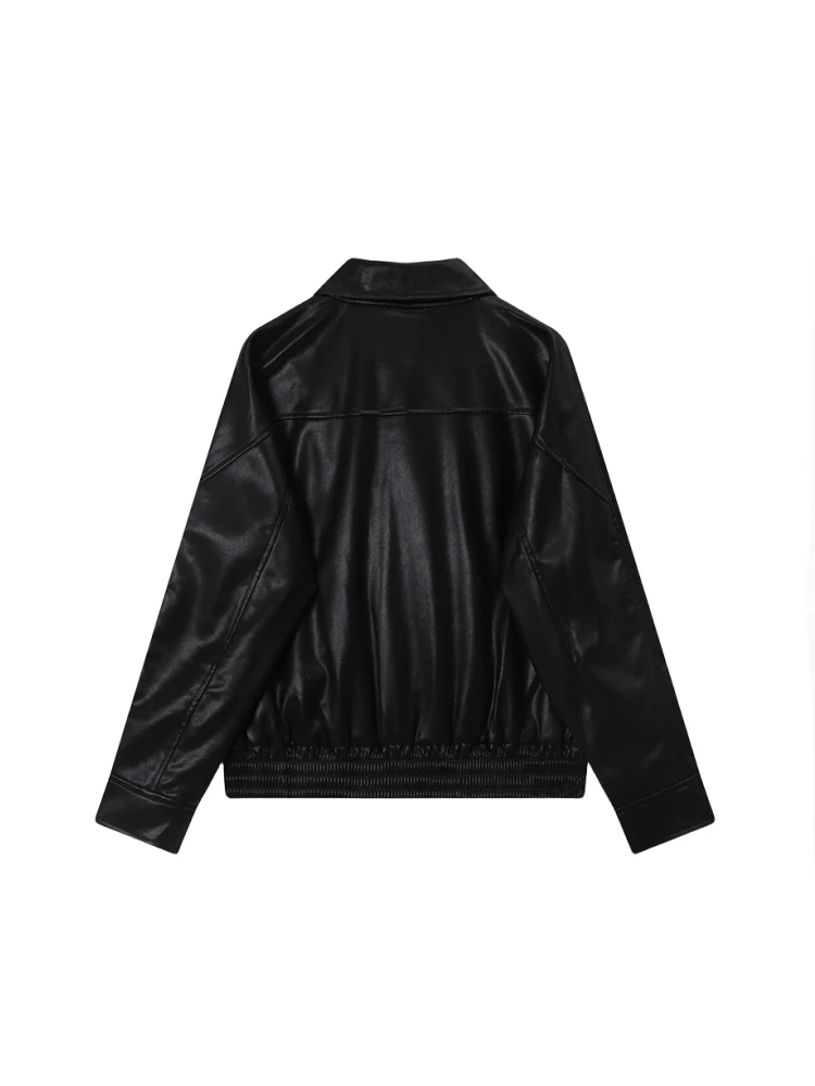 Women Vintage Y2K Black Leather Jacket New Spring Autumn Hong Kong Loose Style This Year\'s Trendy PU Leather Motorcycle Coat