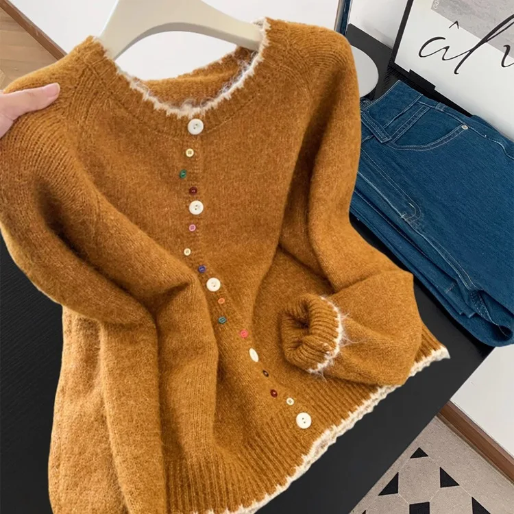 

Womens Sweater Korean Retro Wavy Round Neck with Colorful Button Design, Knitted Cardigan Loose and Casual Daily Stylish Wear