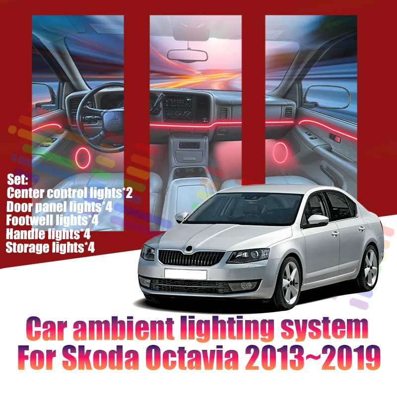 Für Skoda Octavia 2013~2019 5E MK3 Auto LED Ambientebeleuchtung Farbige Atmosphärenlichter Auto-Innenraum Neonstreifen 64 RGB Beleuchtung