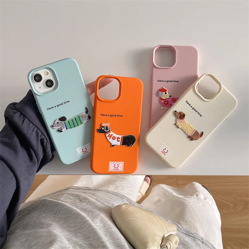 Leather patterned English smiling face phone case with embroidered sausage dog For iPhone 12 13 14 15 pro max