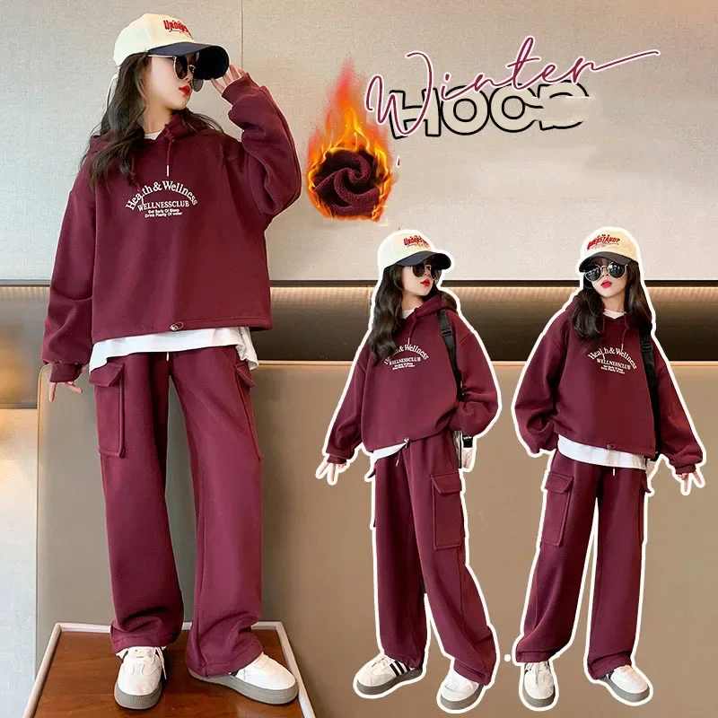 

Korean Autumn Winter Kids Girl Thicken Sports Suit 2pcs Junior Girl Alphabet Printed Sweatshirts+Wide-leg Pants Kids Tracksuit