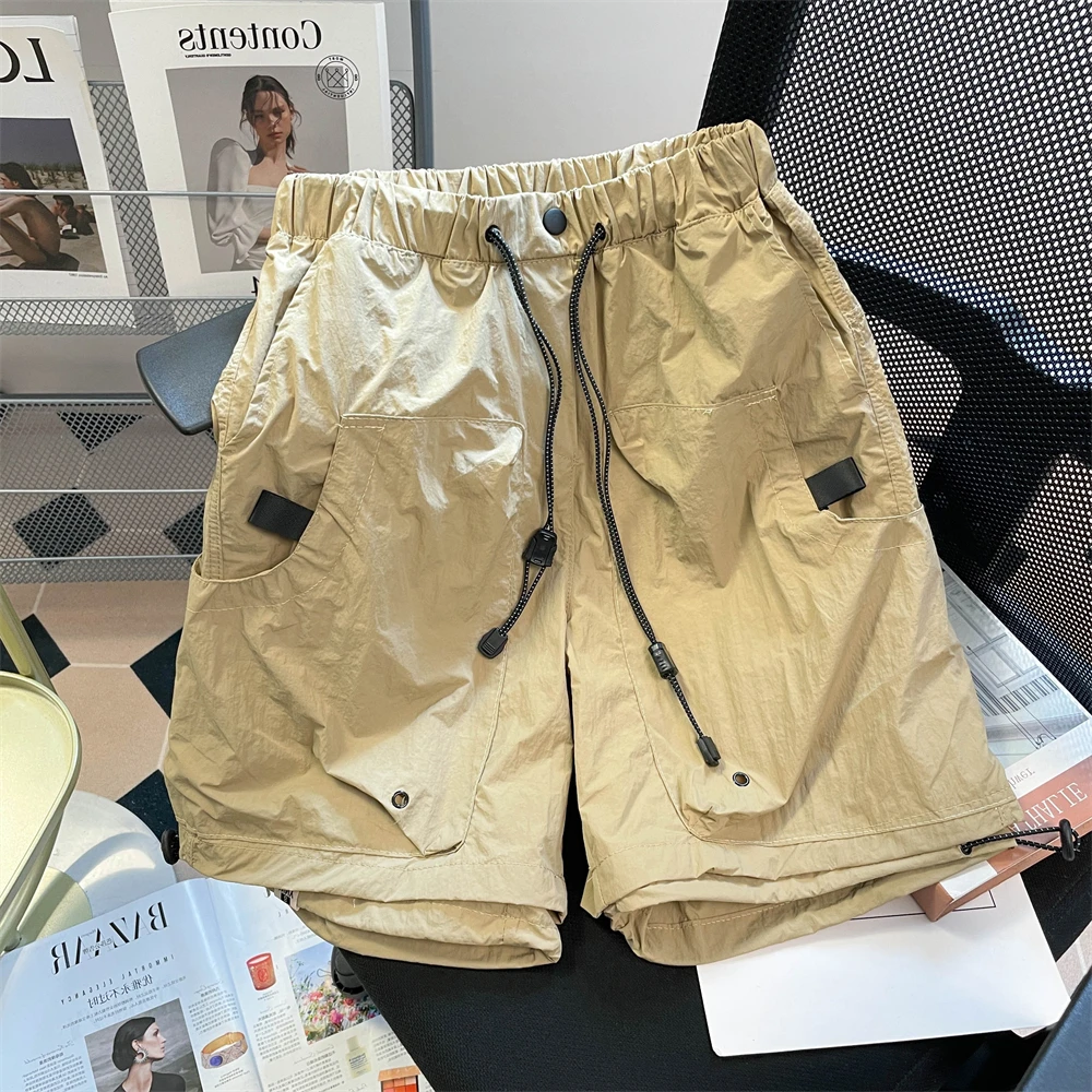 

European Style Khaki Women Cargo Shorts Summer Elastic Waist Drawstring Casual Straight Half Pants Sport Loose Shorts