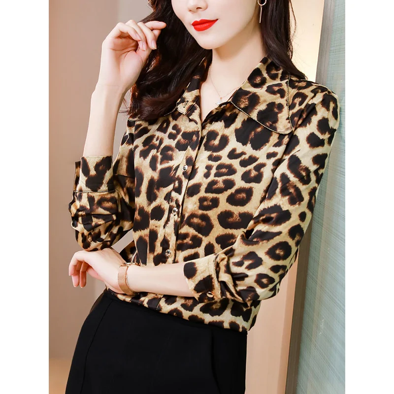 Spring Summer Vintage Leopard Print Casual Fashion Blouse Lady Long Sleeve Top Loose All-match Streetwear Cardigan Shirt Women