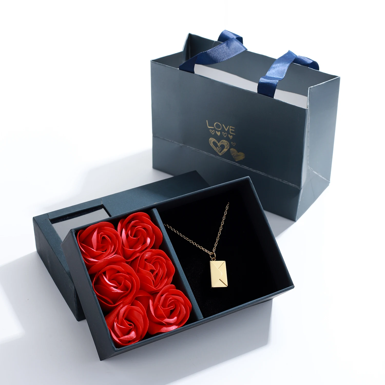 Love Letter Envelope Pendant Necklace With Rose Gift Box Customized Stainless Steel Jewelry Confession Love You for ValentineDay