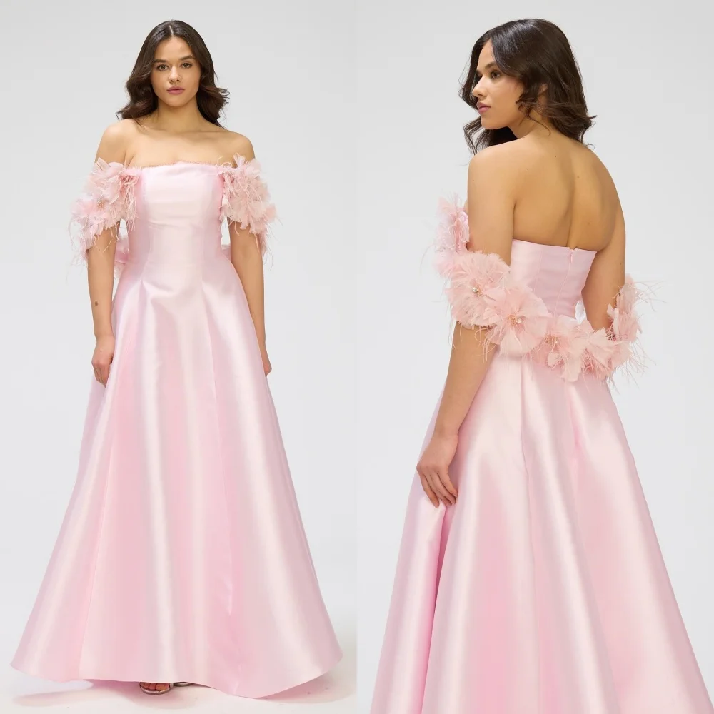 

Customized Classic Charmeuse Feather Beading Draped Flower A-line Boat Neck Long Dresses Bespoke Occasion Dresses Exquisite Sexy