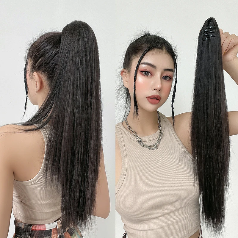 22inch Ponytail Wigs Female Straight Synthetic Hair Wig Extensions Long Curly Hair Claw Ponytail Clip Type Hairpiece