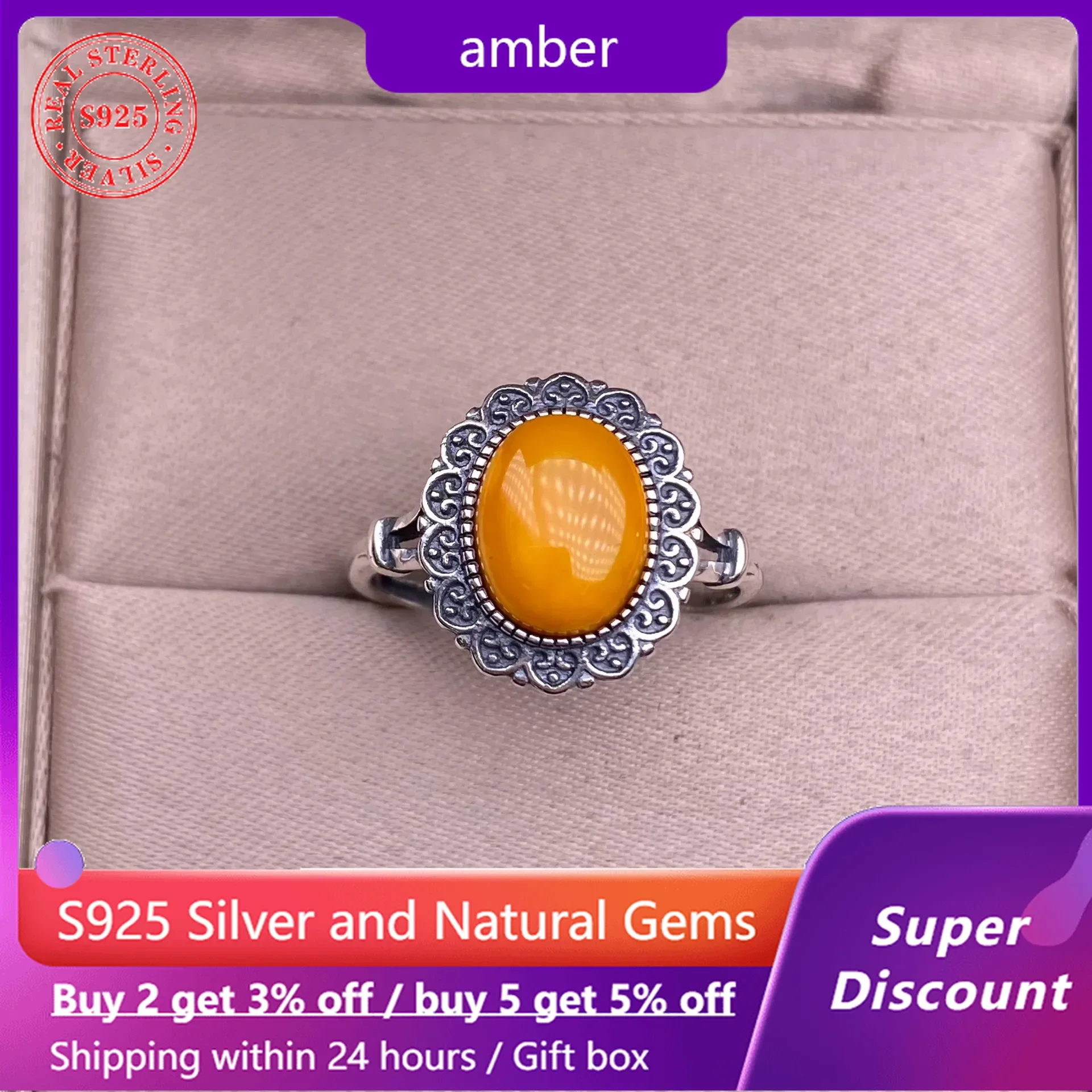 HOYON ดอกไม้ธรรมชาติ Amber คู่ Neutral แหวน s925 เงิน Original Mineral Amber ผู้หญิงเครื่องประดับของขวัญแหวนผู้ชายวินเทจ