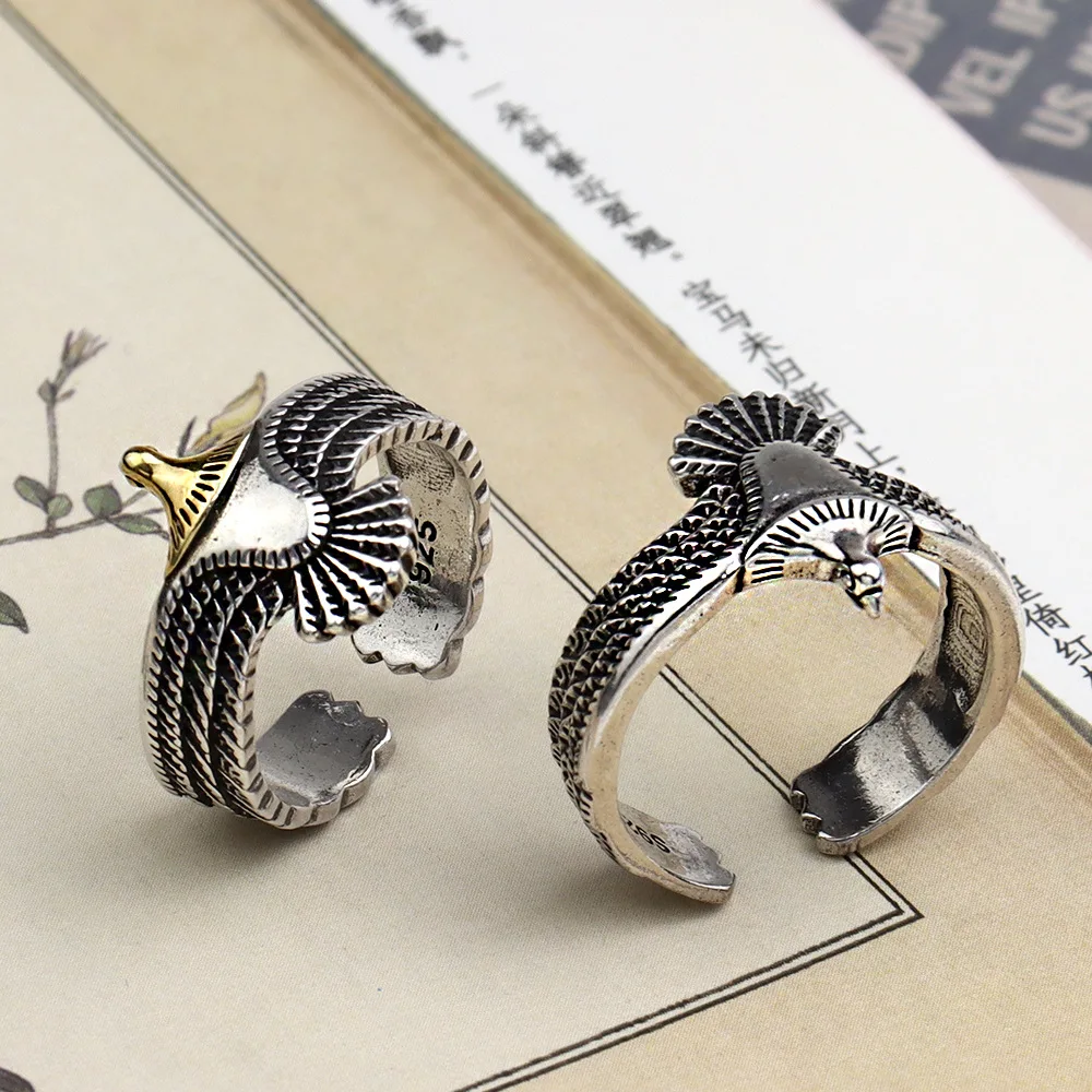 LIVVY Silver Color New Style Eagle Wings Geometry Adjustable Ring For Woman Man INS Personality Jewelry Gifts