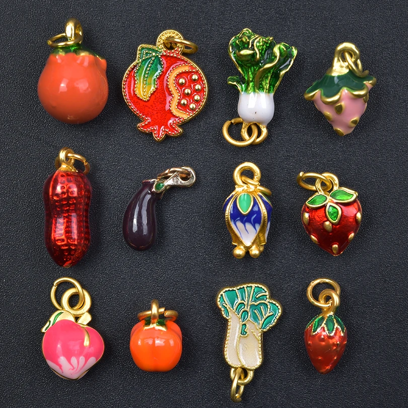 9pcs Ladies Vegetables Fruits Strawberries Eggplants Pomegranates Cabbage Alloy Drip Oil Pendant Necklace 3D Jewelry Decorations