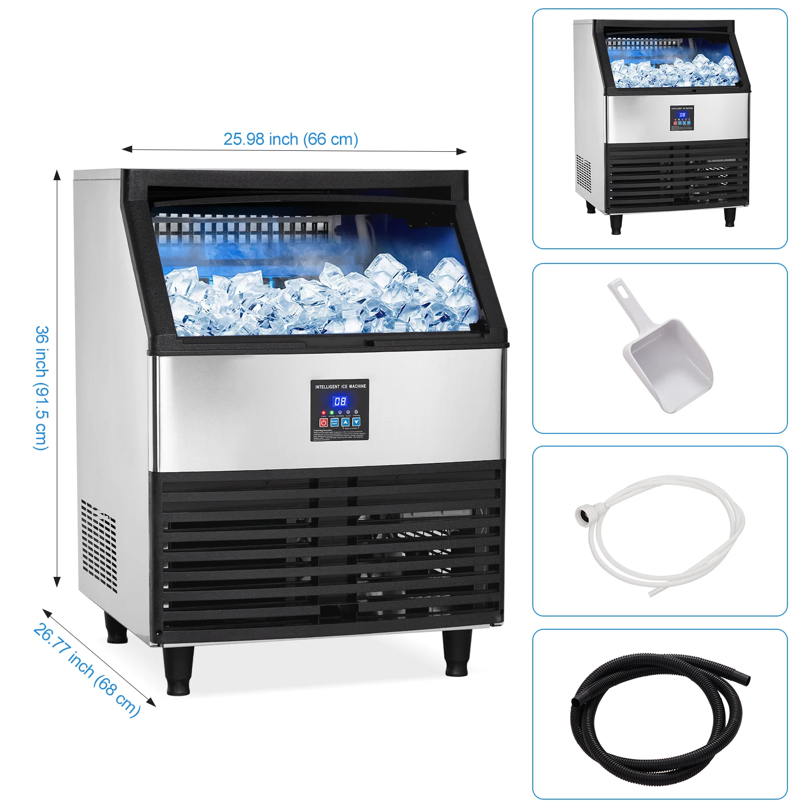 Commercial Ice Maker Machine 300lbs/24H,with 100lbs Ice Storage Capacity,Under Counter Stainless Steel Self Cleaning Ice Machine