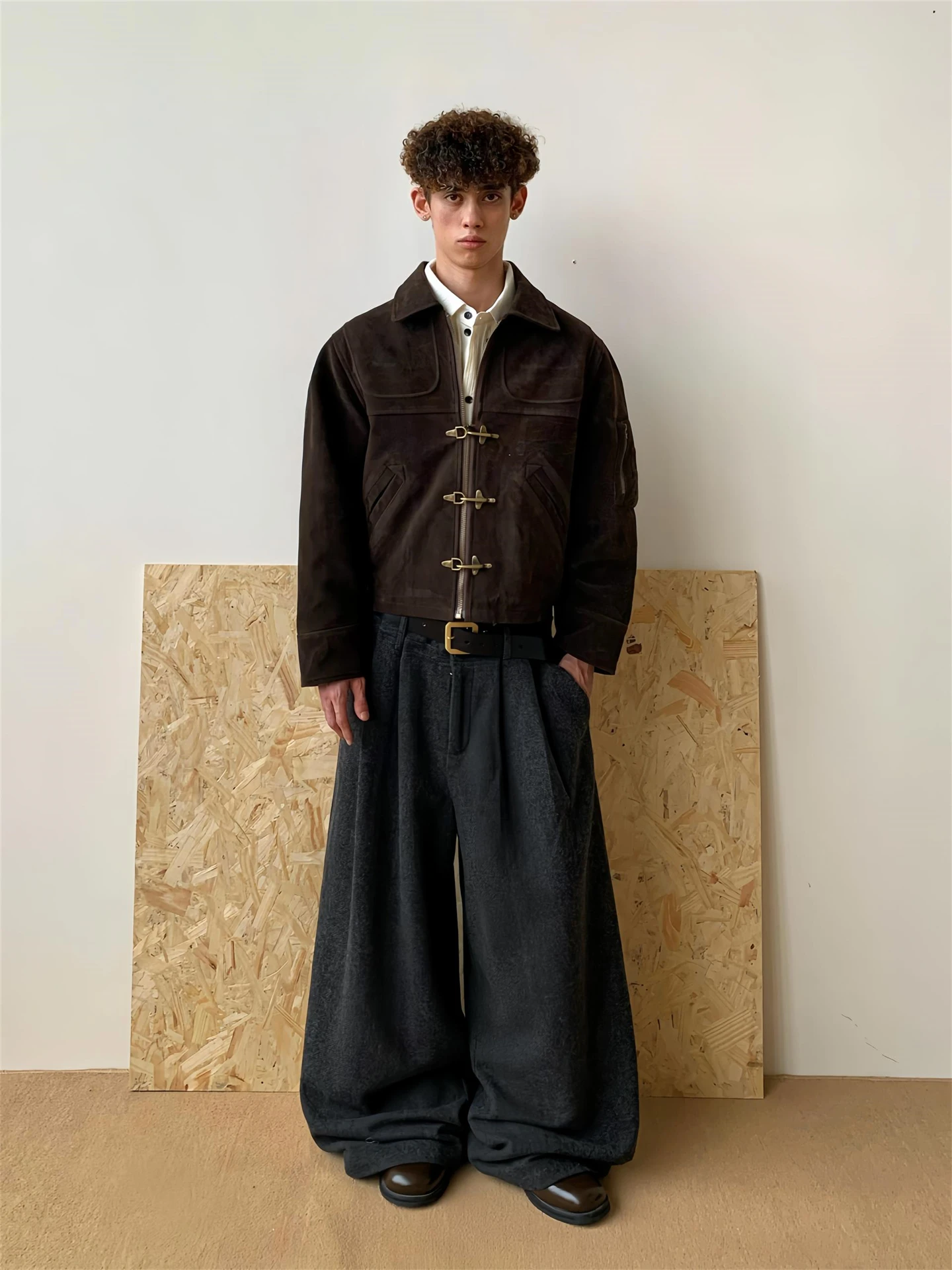 Brown Suede Jacket Men's Short Style Autumn Fashion American Retro Deconstructed Aircraft Buckle Workwear Outerwear
