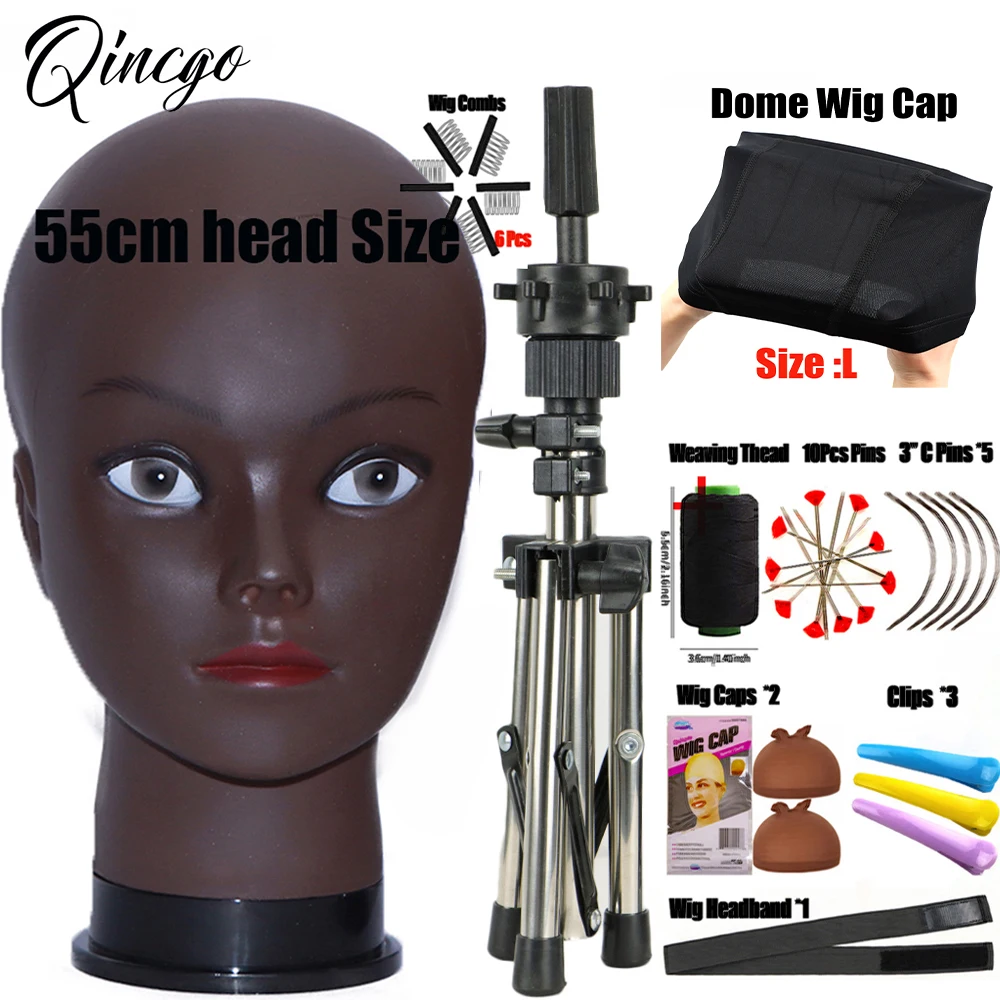 Bald Mannequin Training Head With Stand Tripod  African Manikin Head With Stand Adjustable Wig Tripod Get T Pins Wig Install Kit