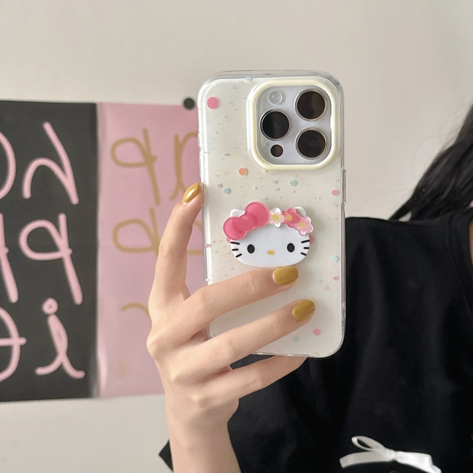 Color Splashed Ink Cute Pink Bow Hello Kitty Flower Phone Case For iPhone 13 14 15 Pro Max Cartoon Kitty Anti Fall Cover