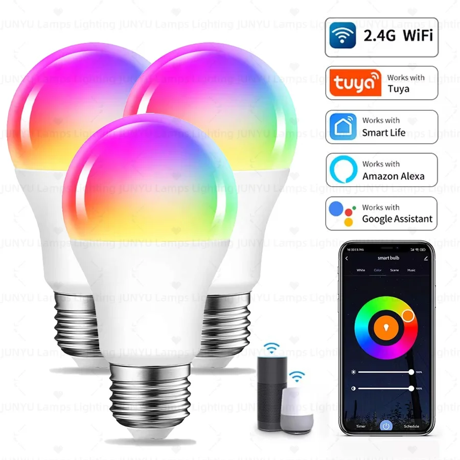 Smart Dimmable RGB LED Bulb E27 WiFi Bluetooth for Alexa Google Home with Tuya App Voice Control 100-265V 2700-6500K LED Lamp