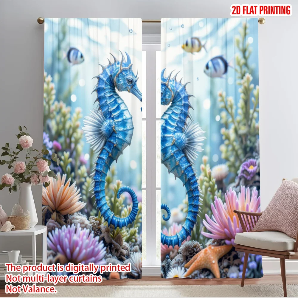 

2pcs,2D plane printing Curtain Popular Seahorse Serenade Versatile Polyester Fabric (without rod) Holiday Use for Living Room,
