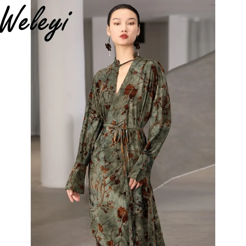 

Super Nice New Chinese Cheongsam Improved Dresses Ropa Mujer 2024 Spring Retro Kleider Extended Flocking Tie Dyed Velvet Frock