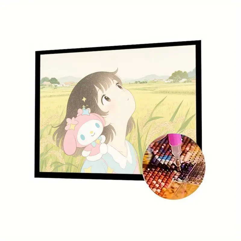 

1PC 5D DIY Diamond Painting Kit, Cute Anime Girl Holding My Melody Plush Toy Looking Up in Peaceful Rice Field Landscape, Full R